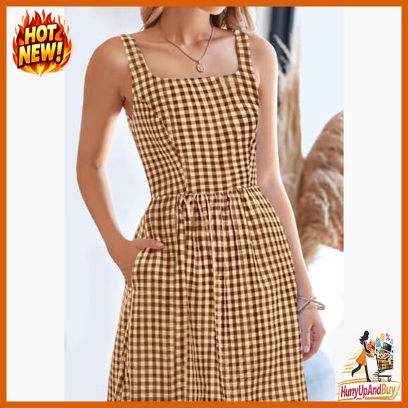 Plaid Square Neck Maxi Dress Spaghetti Strap A-Line Casual Beach Vacation - Picture 5 of 7